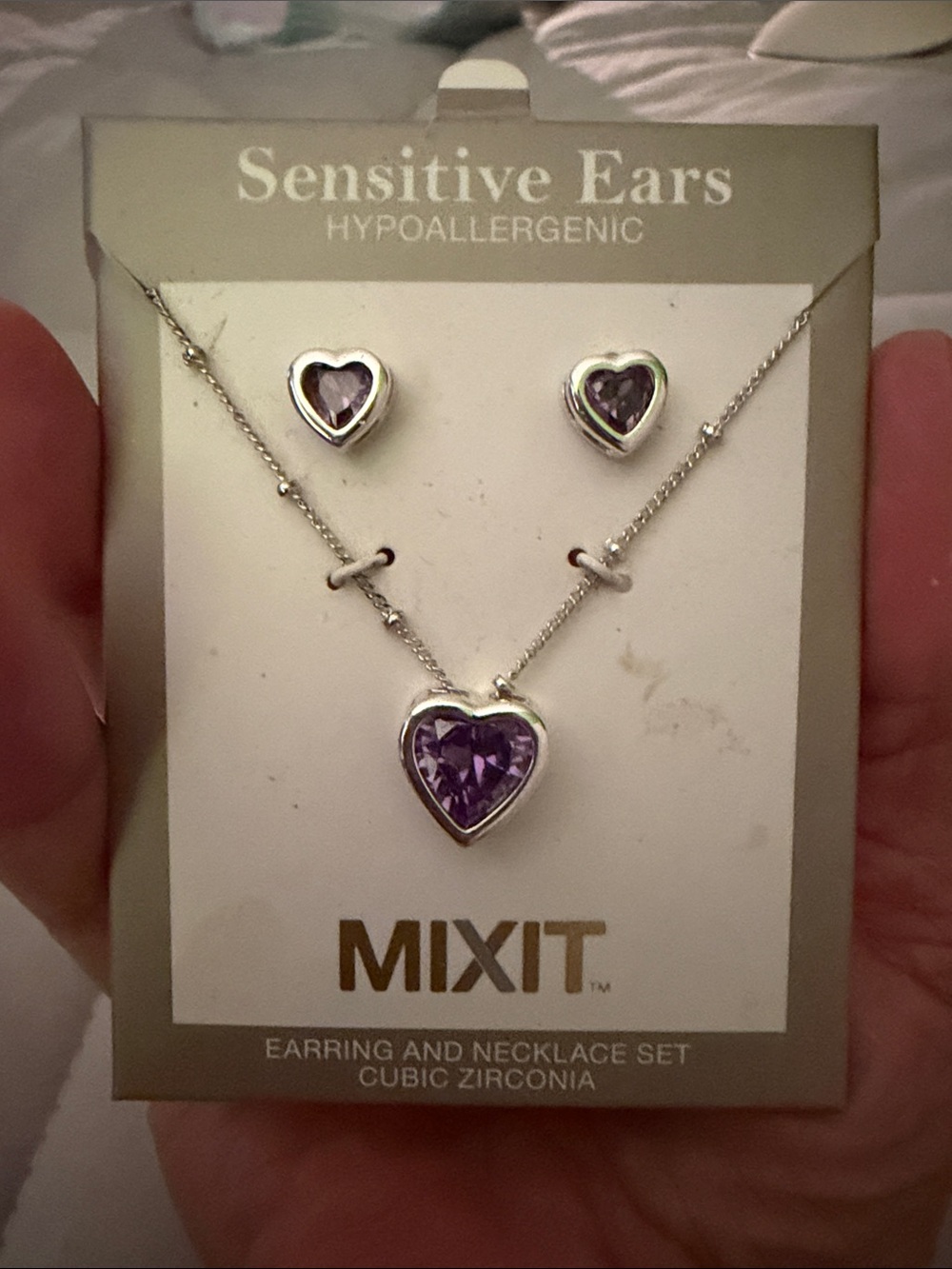Mixit Silver Necklace and Earring Set with Purple Heart Stones